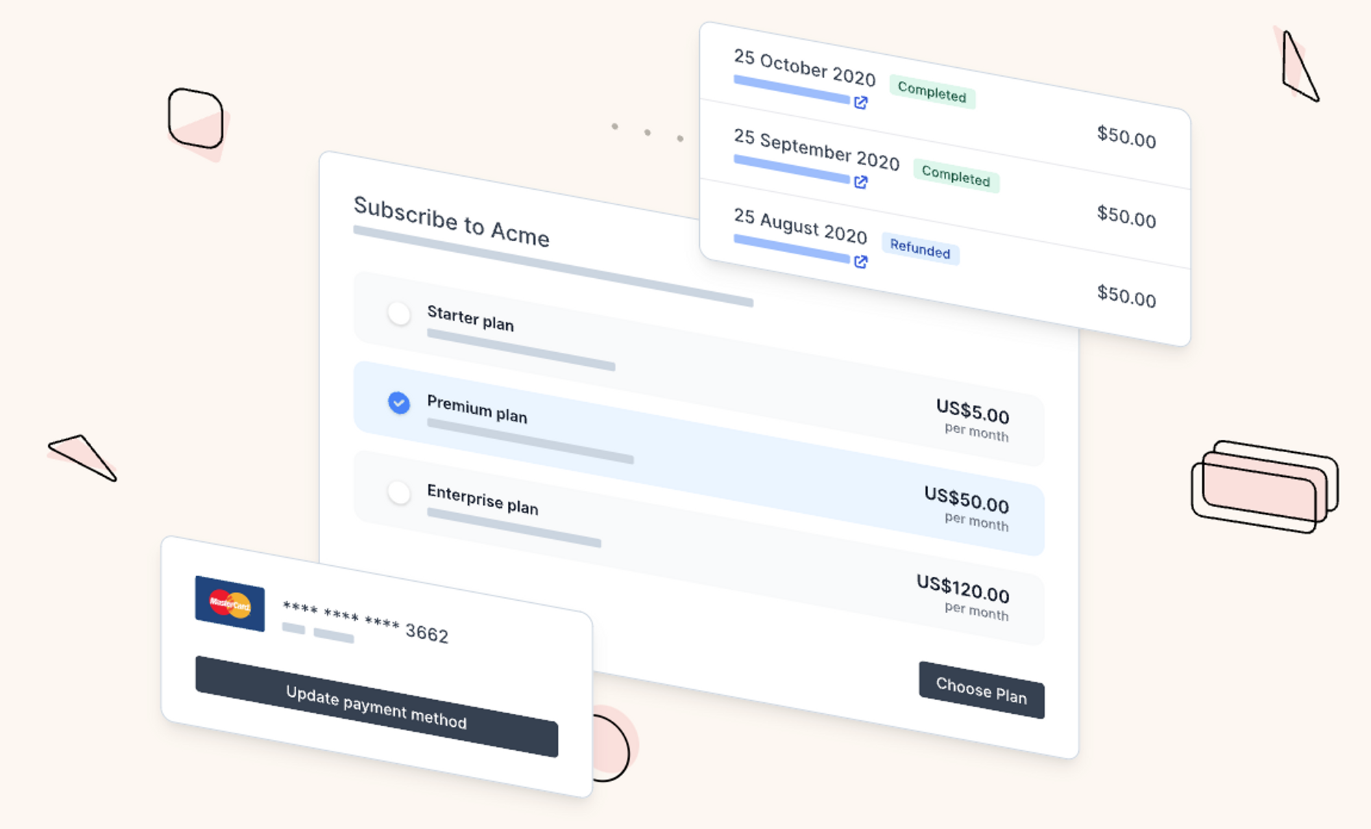 Examples of Kanuu's subscription UI. Including a Plan Selection page and Payment Method update screen.
